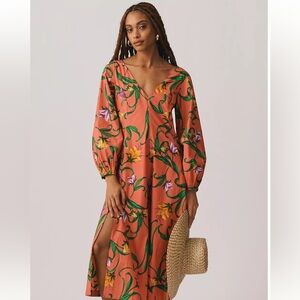 Anthropologie NWT V Neck Coral Floral Maxi Dress